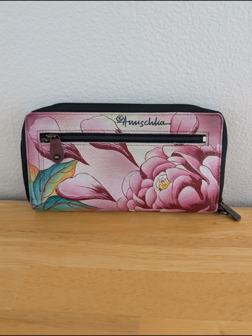 Anuschka Pink Floral Peony Leather Long Zip-Around Cluch Wallet Hand Painted